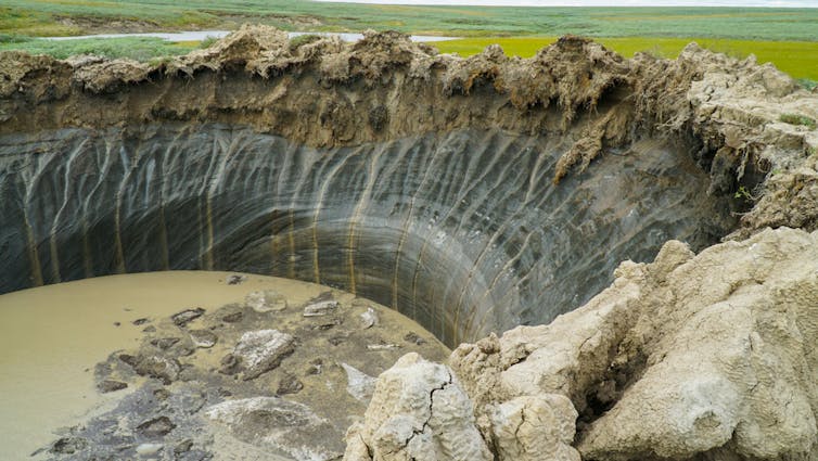 A giant crater on the Yamal Peninsula in northwest Siberia, indicating permafrost collapse