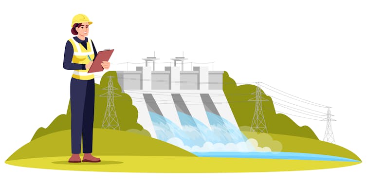 woman in hard hat with clip board standing near hydroelectric dam