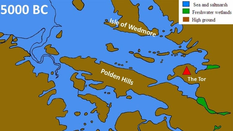 A map showing how much water and waterways would have been part of the Somerset Levels in 5000BC.